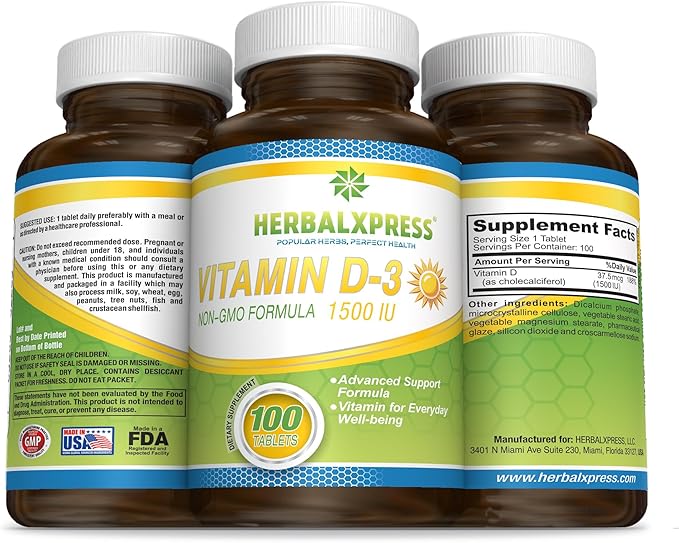 Herbalxpress Vitamin D (as cholecalciferol) 1,500 IU (100 Tablets) is The Perfect Addition to a Healthy Lifestyle, Bones, Teeth, Muscles, Immune Function, and Well-Being, Non-GMO and Gluten-Free.