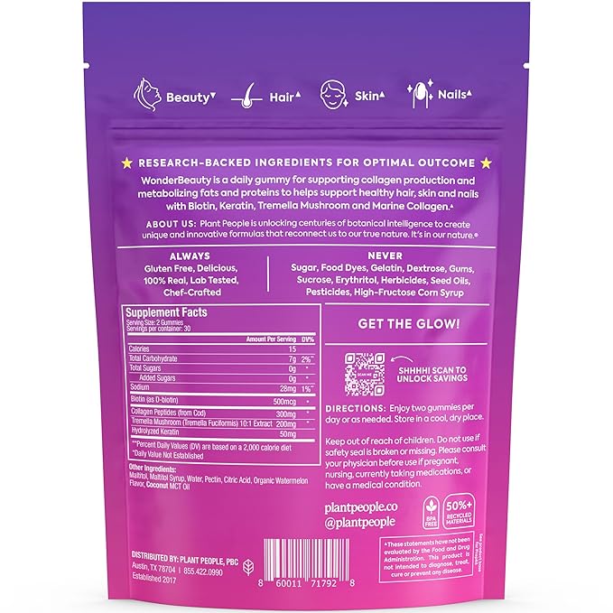 Plant People WonderBeauty Hair, Skin & Nails Rejuvenation Gummies with Tremella Mushroom, Marine Collagen Peptides, Keratin, & Biotin – Watermelon Flavor, 60 Gummies
