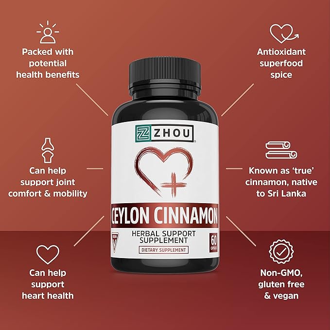 Zhou Ceylon Cinnamon | Supports Heart Health and Joint Mobility | True Cinnamon Native to Sri Lanka | 30 Servings, 60 CT