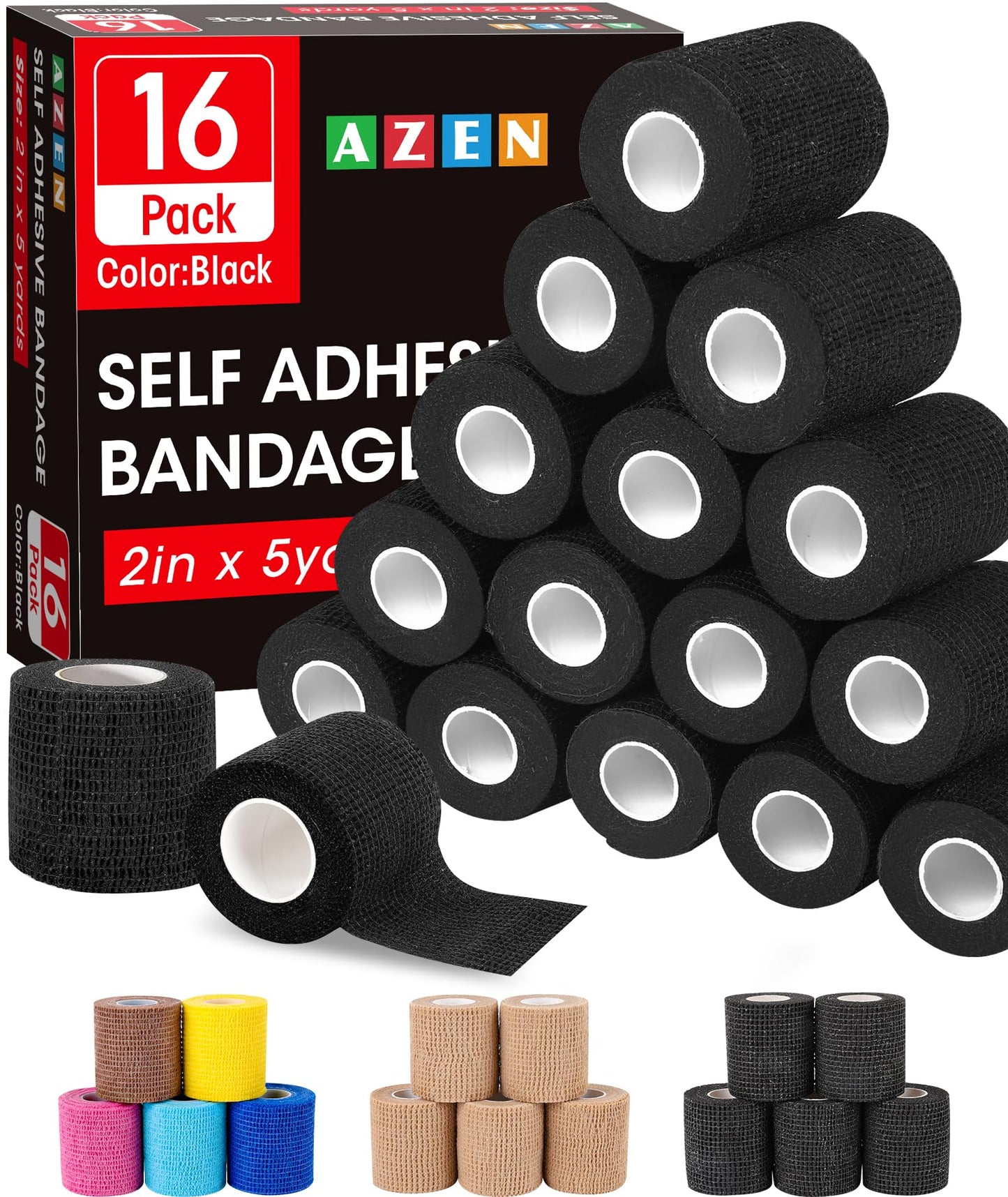 AZEN 16 Pack Self Adhesive Bandage Wrap Black, 2" X 5 Yards Black Athletic Tape, Vet Wrap, Tattoo Grip Tape Wrapļ¼Ankle Tape, Cohesive Bandage Wrap