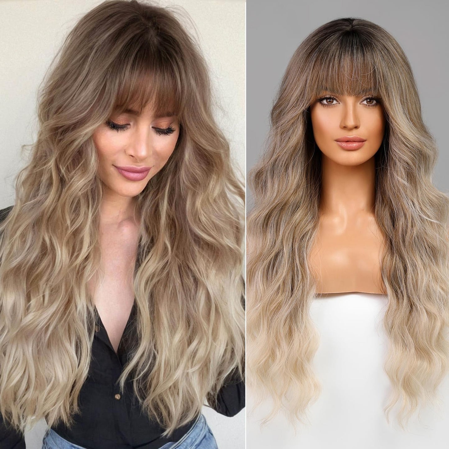 KOME Ombre Ash Blonde Wigs with Bangs,Grey Blonde Long Wavy Wig for Women,Long Curly Synthetic Hair Wig for Party Daily Use 26IN