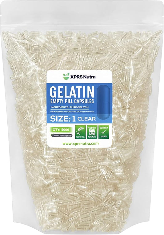 XPRS Nutra Size 1 Empty Capsules - 5000 Count Clear Empty Gelatin Capsules - Pill DIY Capsule Filling - Pure Bovine Pill Gel Caps for Do-It-Yourself Supplements