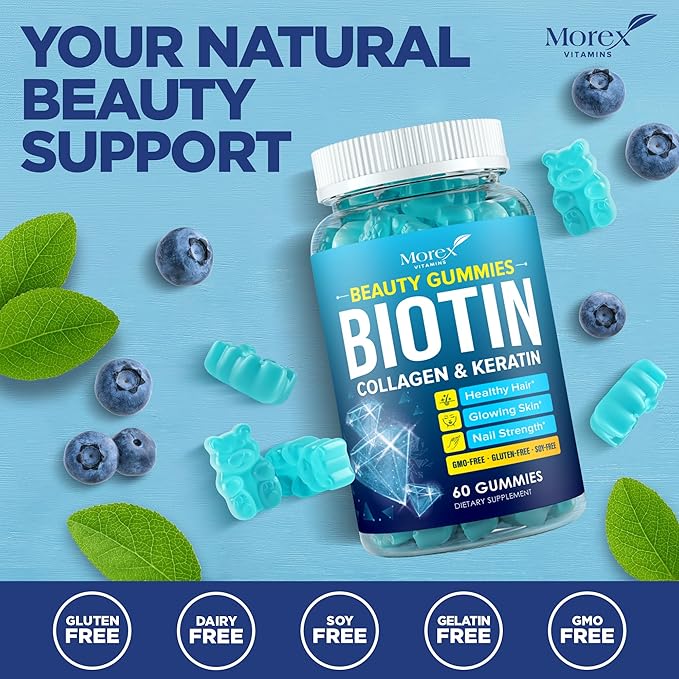 Biotin Collagen Keratin Gummies - Multivitamin Natural for Hair, Skin & Nails with Vitamin A, D, B7 - Anti Aging Collagen Gummy Vitamins for Men & Women, Hair & Nail Growth Supplement - 60 Gummy Bears