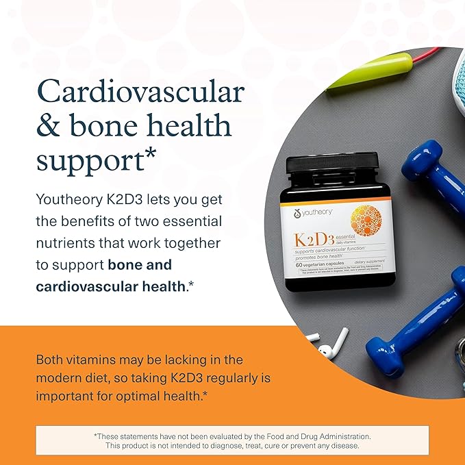 Youtheory K2D3 - Bone & Heart Health Support* - Combines Vitamin D3 & Vitamin K2 - Dairy, Soy & Gluten Free - 60 Vegetarian Capsules