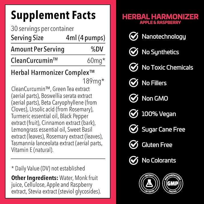 Herbal Harmonizer with CleanCurcumin(TM) - Multi Botanical Antioxidants Supplement - Water Soluble - Nano Curcumin - Holistic Wellness Defender - Healthy Drink Mix (4 fl.oz, Apple and Raspberry)