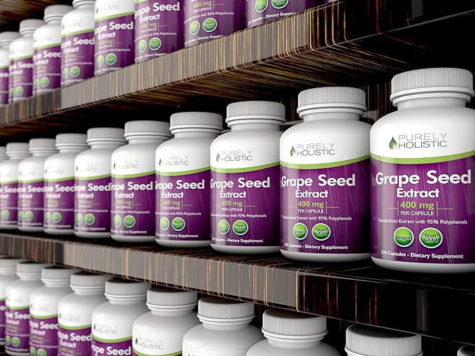 Purely Holistic Grape Seed Extract 20,000mg - 250 Vegan Capsules - 8+ Month Supply - Standardized to 95% Polyphenols - 400 mg per Capsule - Maximum Strength Grapeseed - Non-GMO & Pesticide Free