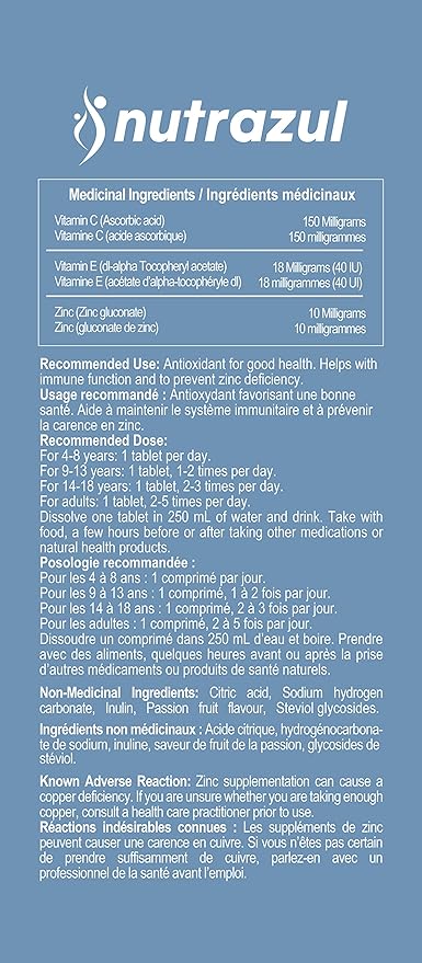 nutrazul Immune+ Effervescent Tablets | Vitamin C and Zinc with Vitamin E | 20 Tablets | Immune Support for Adults & Kids | Ideal for Flu Season Protection | Passion Fruit Flavor