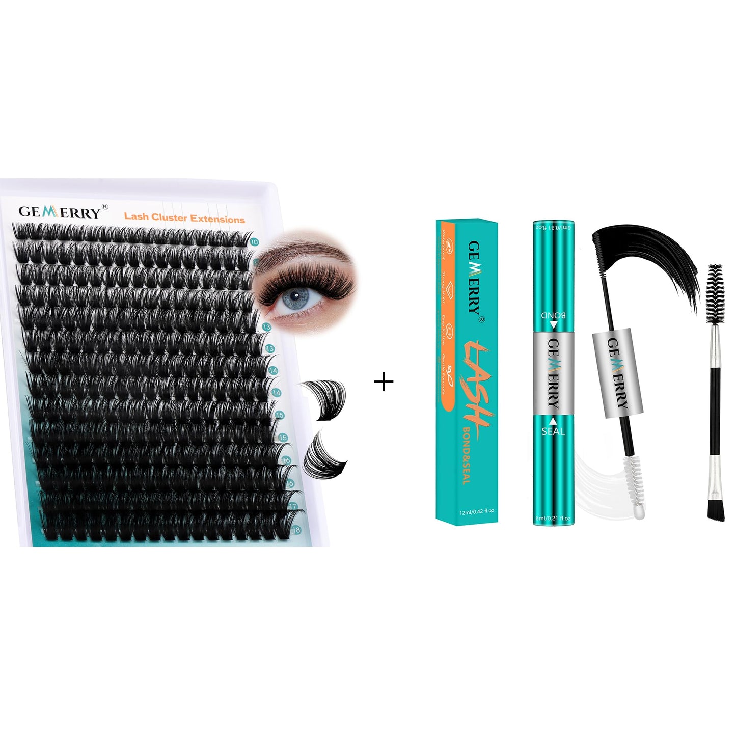 GEMERRY Lash Bond and Seal 12ml and 280pcs 80P Large Tray D curl 10-18mm Lash Clusters