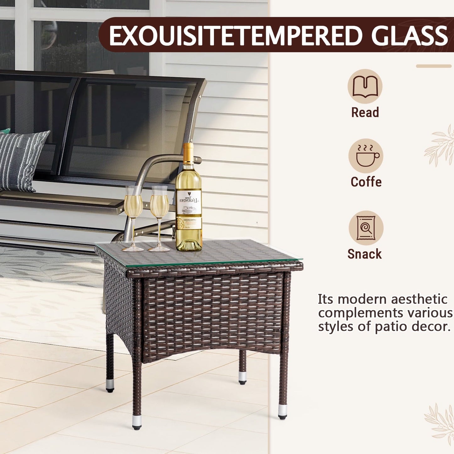 Funnil Patio Wicker Rattan Side Table with Square Tempered Glass Top, All-weather Use Rattan Coffee End Table for Deck, Porch, Garden, Indoor&Outdoor, Brown