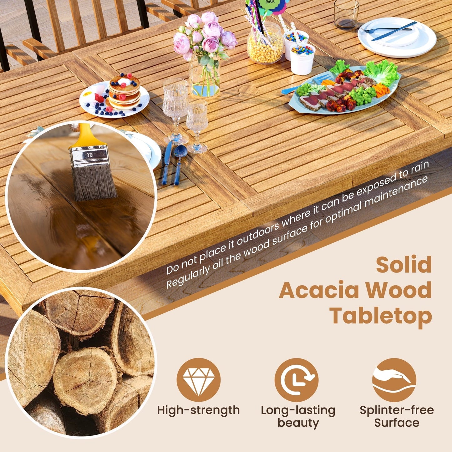 Topbuy Acacia Wood Dining Table for 8 People, 79" Large Rectangular Patio Table with Built-in Umbrella Hole