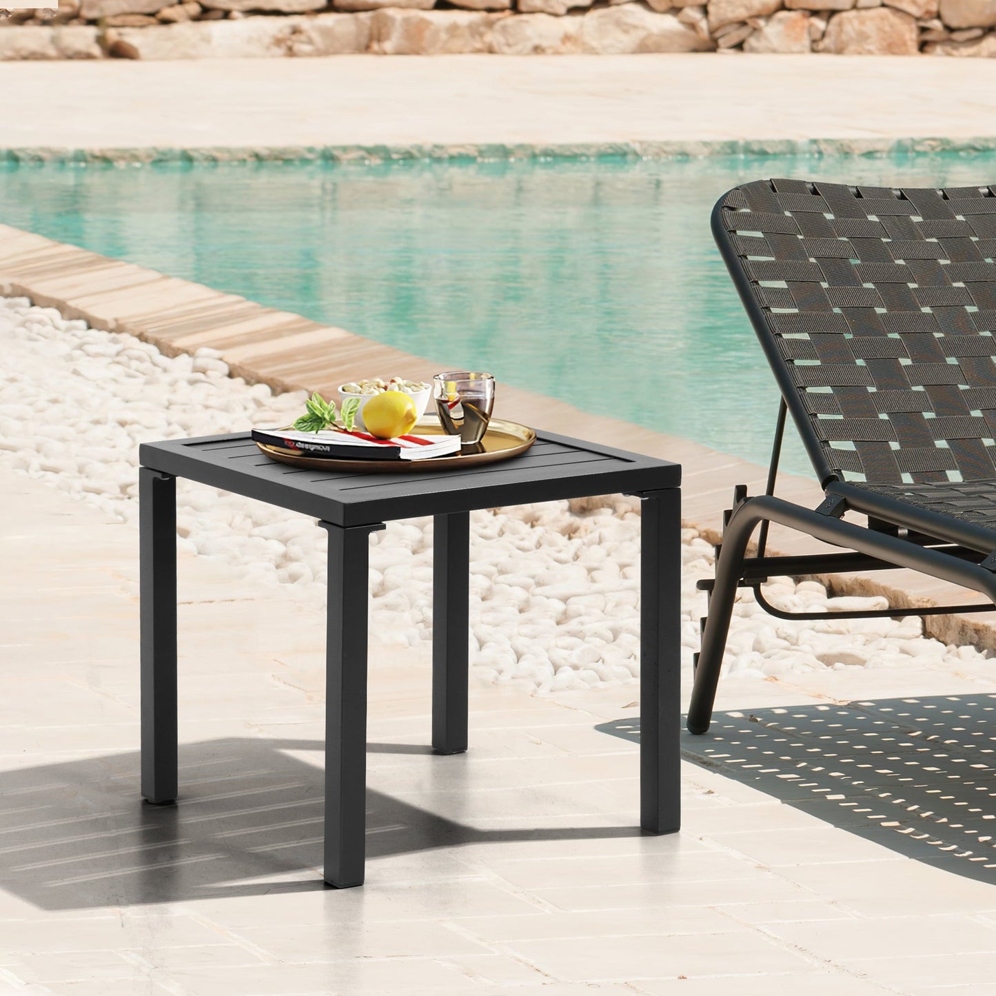 Pellebant Outdoor Square Aluminum Side Table, Black (Set of 2)