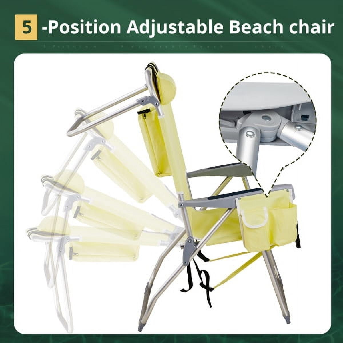 63*70*99cm Heightened Oxford Cloth Silver White Aluminum Tube Bearing 100kg Beach Chair with Cup Holder Storage Pouches Yellow