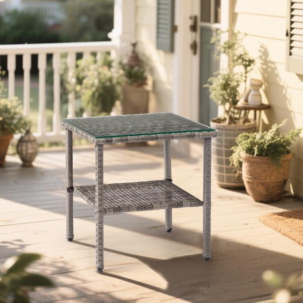 Square Double Layer Glass Top Side Table, Gray Gradient Rattan, Steel Frame, Outdoor Patio Furniture