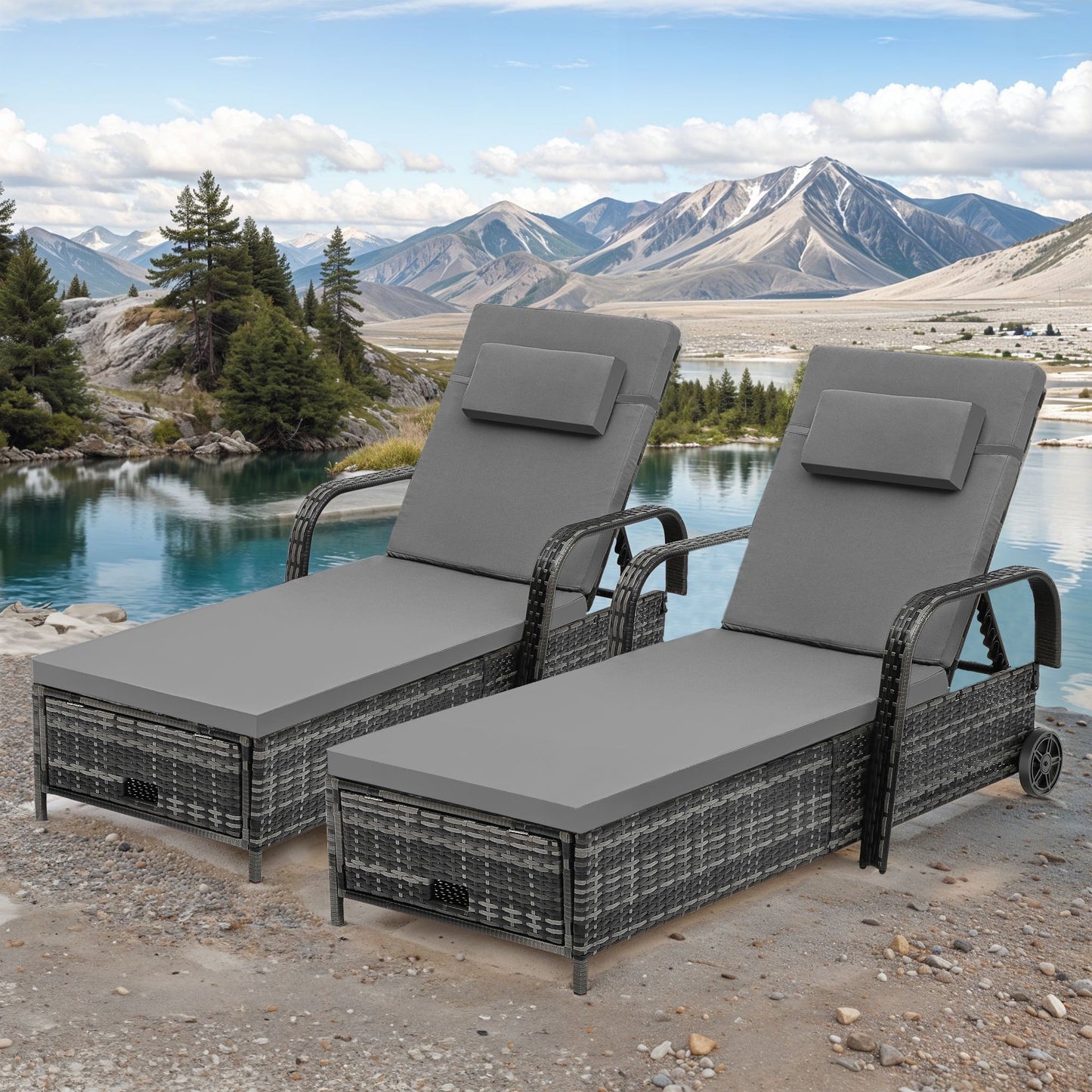 Uforic Wicker Chaise Lounge, 5-Position Lounger with Storage, Cushion, and Wheels, Gradient Gray, 1 Pcs