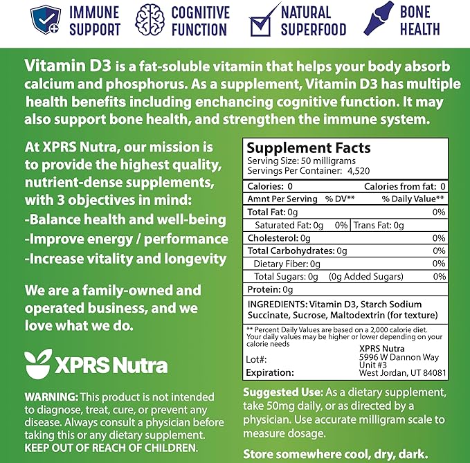 XPRS Nutra Vitamin D3 Powder (Cholecalciferol) - Unflavored VIT D for Bones and Immunity - Vitamin D3 Powder for Muscle Function - Vitamin D Supplements (8 Ounce)