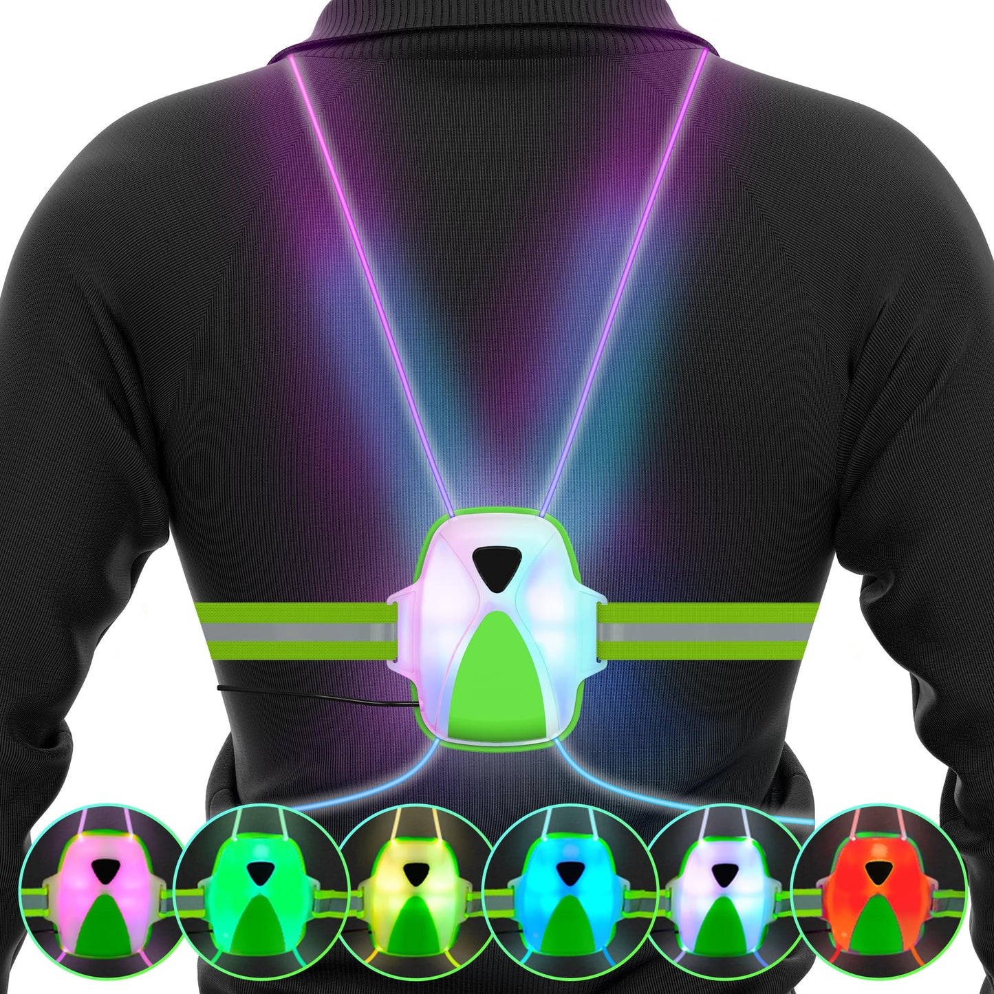 FIXEY AN Running Vest, Running Light for Runners, Safety Reflective Running Gear for Men Women, 6 Multicolor, USB Rechargeable, Waterproof, LED Light Vest for Night Running, Walking, Jogging, Green