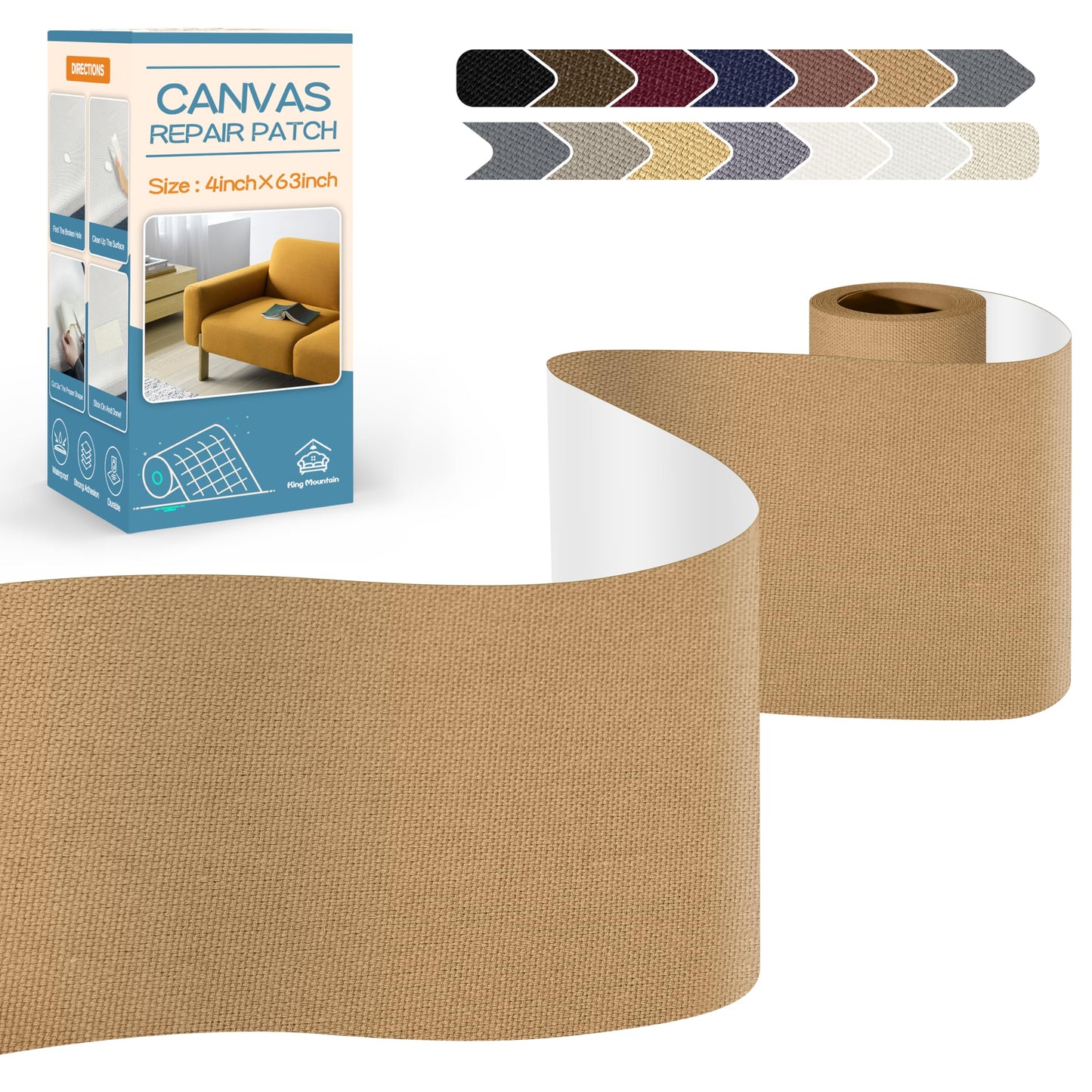KING MOUNTAIN Canvas Repair Tape,Outdoor Gear Patch, 4×63 Inches,Waterproof,Self-Adhesive for Repairing Boat Covers,Sun Shades,Sofas,Tents,Lounge Chairs,Awnings (Light Brown)