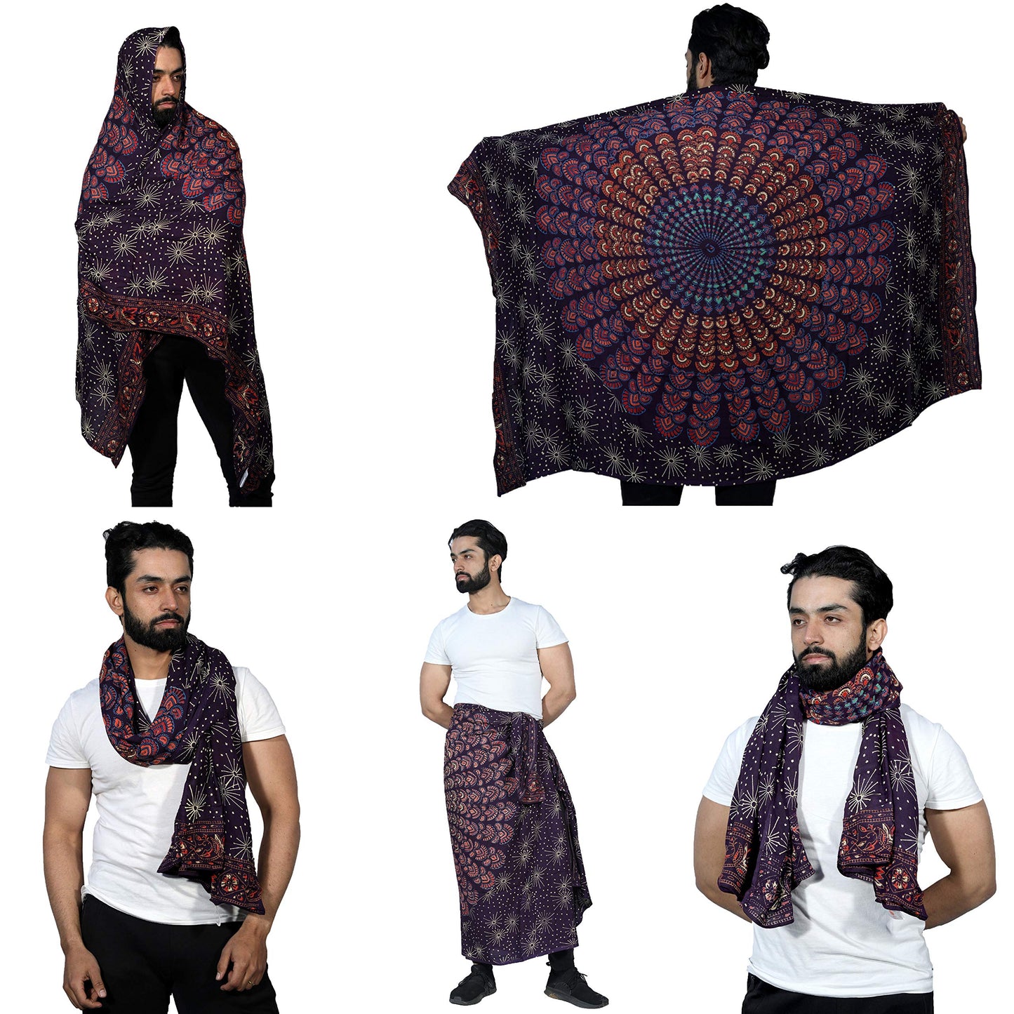 SARJANA HANDICRAFTS Men Women Rayon Mandala Sarong Scarf Shawl Cover Up Swimwear Wrap Dress Bikini Unisex Gypsy Beach Towel (Brown)