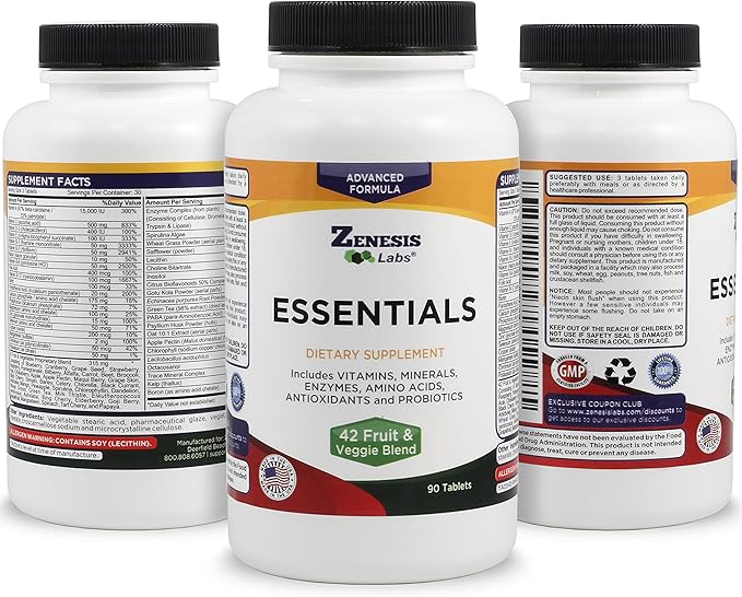 Zenesis Labs Essentials - a Natural & Nutrient Rich Multi-Vitamin - with Minerals, Enzymes, Amino Acids, Antioxidants and Probiotics - 90ct