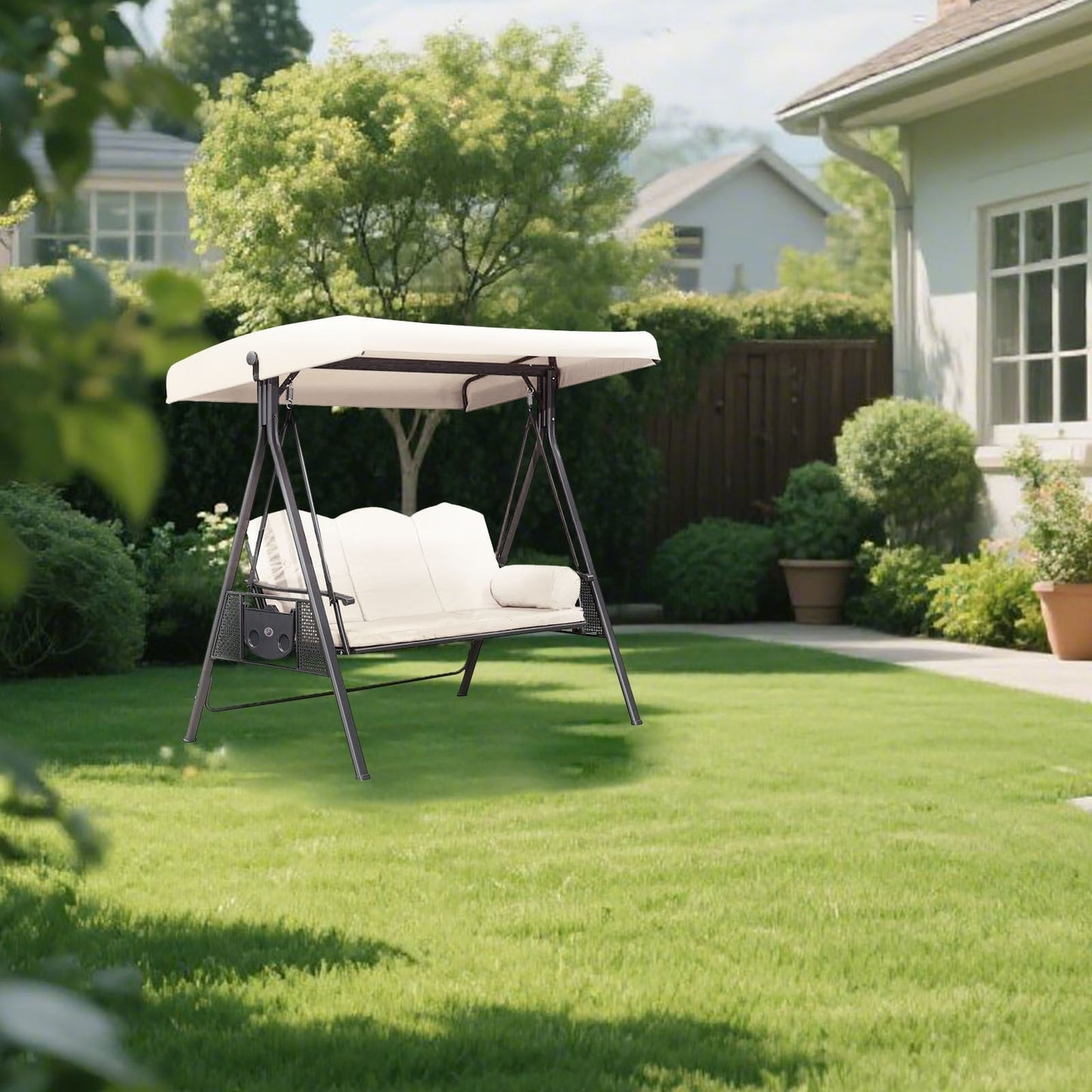 3-Seat Outdoor Patio Porch Swing with Adjustable Tilt Canopy, Cushions and Pillow Included (Excluding iron frame chairs)