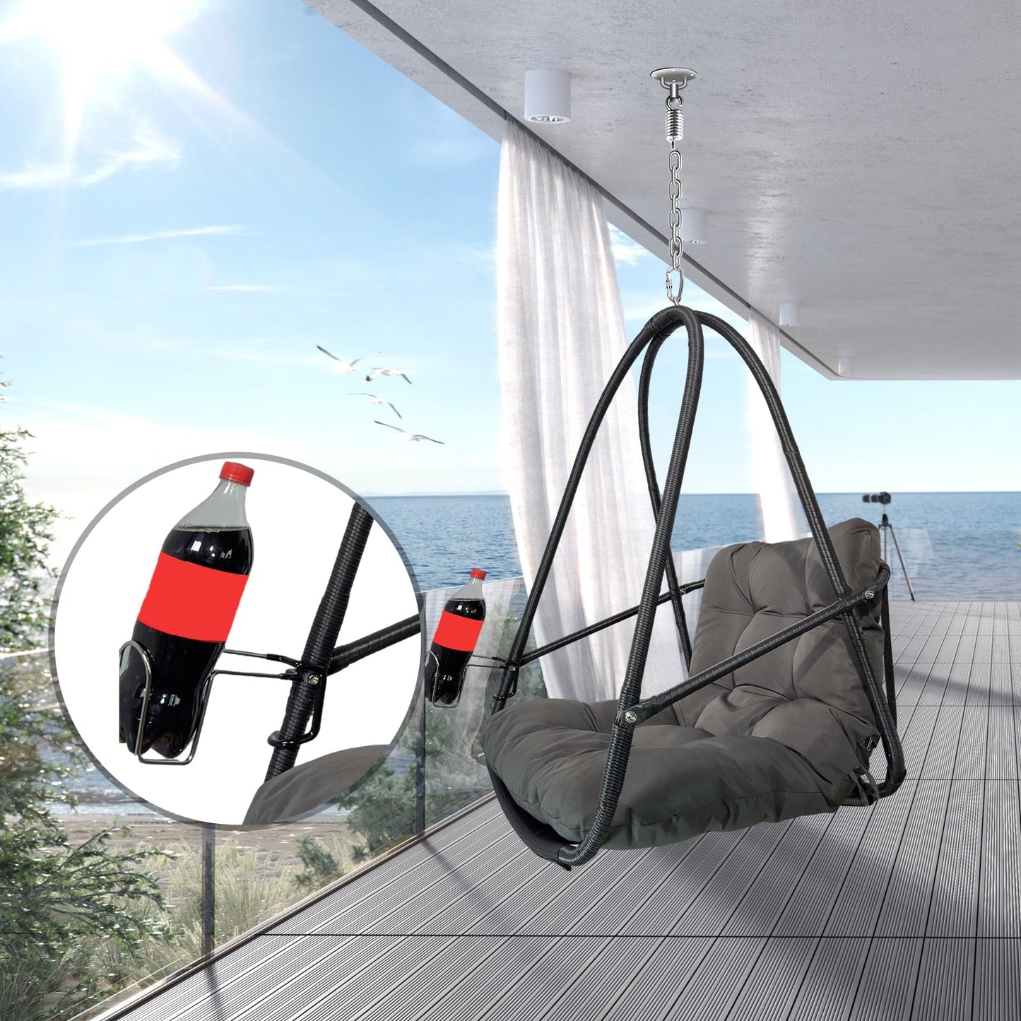 Patio Seating Swing Egg Chair with Stand Indoor Outdoor Wicker Rattan Patio Basket Hanging Chair with C Type bracket , with cushion and pillow,Patio Wicker folding Hanging Chair( Special construction