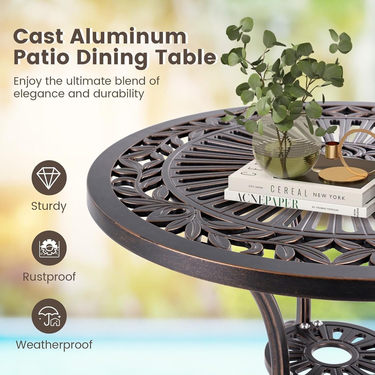ZDOOR 24” Patio Bistro Table, Cast Aluminum Outdoor Side Table with 2" Umbrella Hole, All-Weather Resistant Round Patio Dining Table for 2 for Front Porch, Pool, Backyard, Garden, Balcony