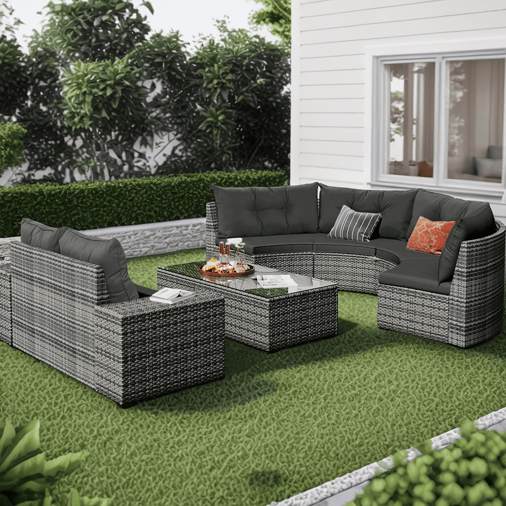 Baugery 8-Piece Half Moon Cruved Round Outdoor Sectional Sofa Furniture Set with Coffee Table, Grey/Beige