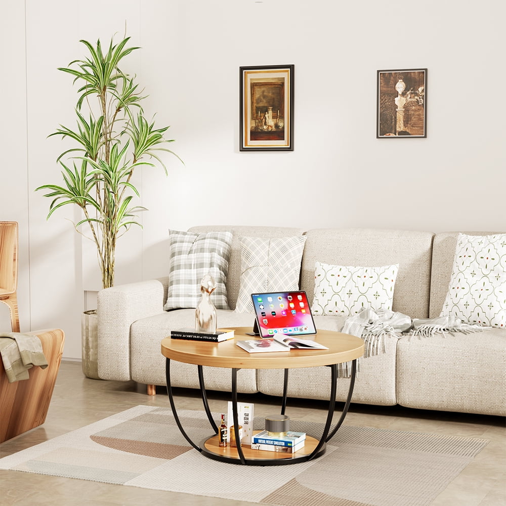YINGYING 31.5" Round Coffee Table, 2-Tier Accent Center Table, Small Wood Coffee Table with Storage, Modern Cocktail Table for Living Room
