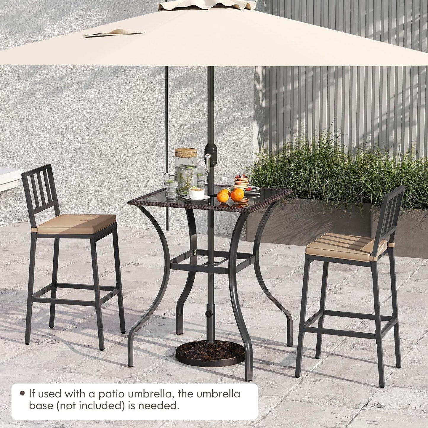 ZOPan 37” Height Bistro Table with Umbrella Hole, Tempered Glass Top & Wicker Covered Edge, Counter Height Square Outdoor Bar Table for Garden, Patio, Poolside & Deck