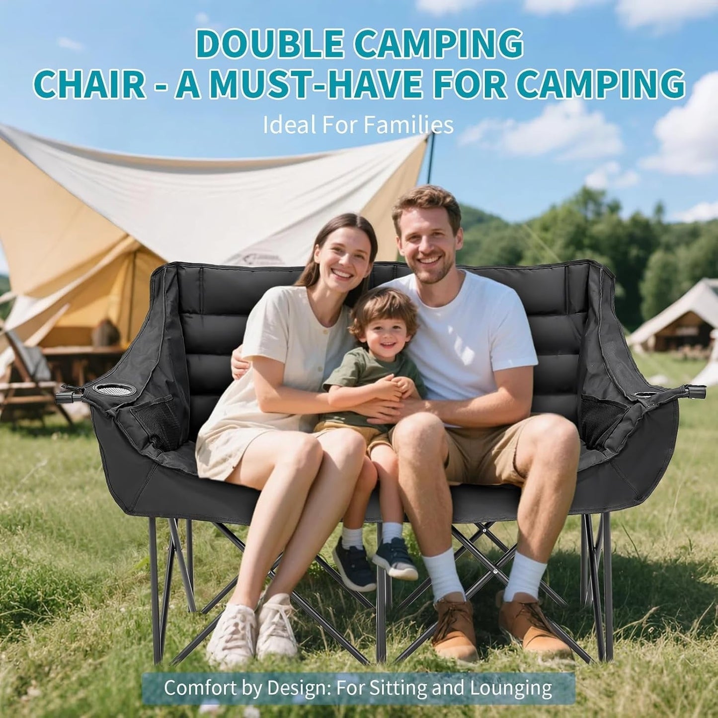 Zikebtuy Double Camping Chair for 2 Person - Oversized Padded Folding Loveseat - Portable Camping Couch Heavy Duty Lawn Chairs for Outdoor Beach - Support 500LBS