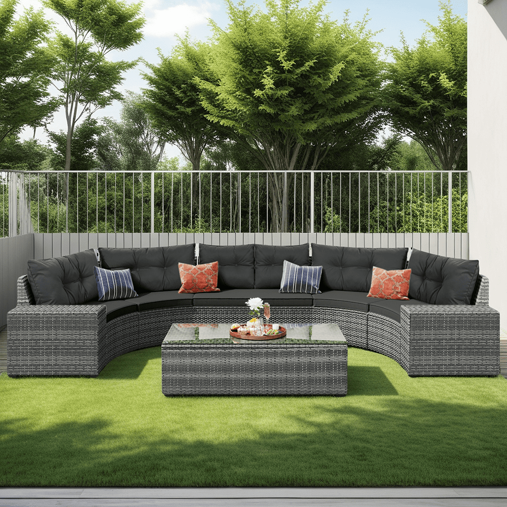 Baugery 8-Piece Half Moon Cruved Round Outdoor Sectional Sofa Furniture Set with Coffee Table, Grey/Beige