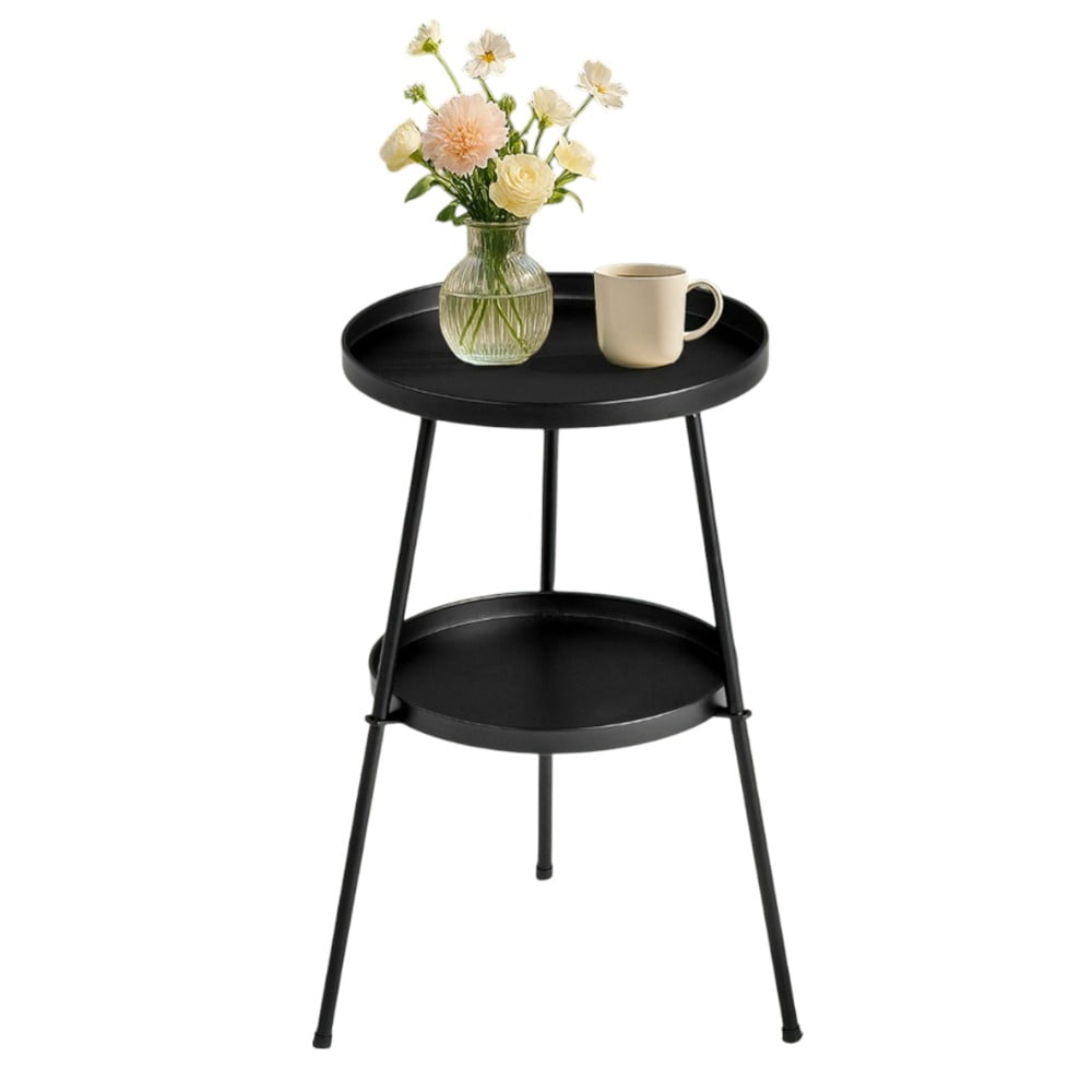 IVV 2 Tier Patio Side Table - Metal Round End Table Nightstand for Small Spaces, Indoor Outdoor and Living Room Bedroom or Office - Black