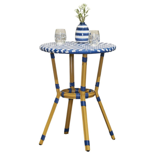 IVV 21.75โ Round Bistro Dining Table with Aluminum Frame and Rattan Top in Blue/White, French Country Style for Indoor/Outdoor Use