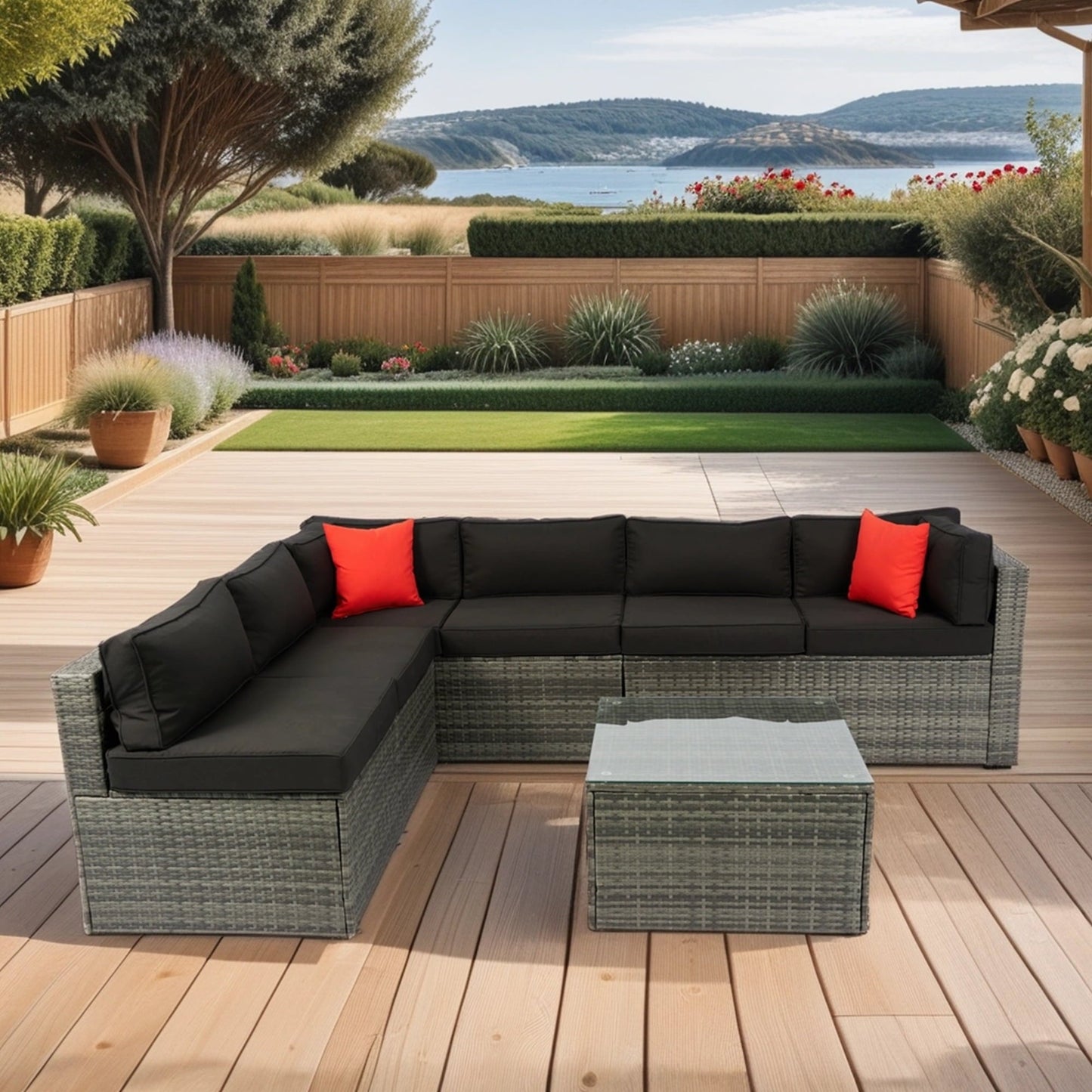 Olurrisa 5 Pieces PE Rattan sectional Outdoor Furniture Cushioned U Sofa set with 2 Pillow Grey wicker + Black Cushion