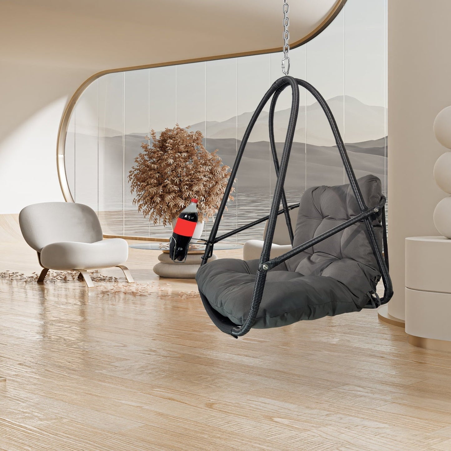 Patio Seating Swing Egg Chair with Stand Indoor Outdoor Wicker Rattan Patio Basket Hanging Chair with C Type bracket , with cushion and pillow,Patio Wicker folding Hanging Chair( Special construction