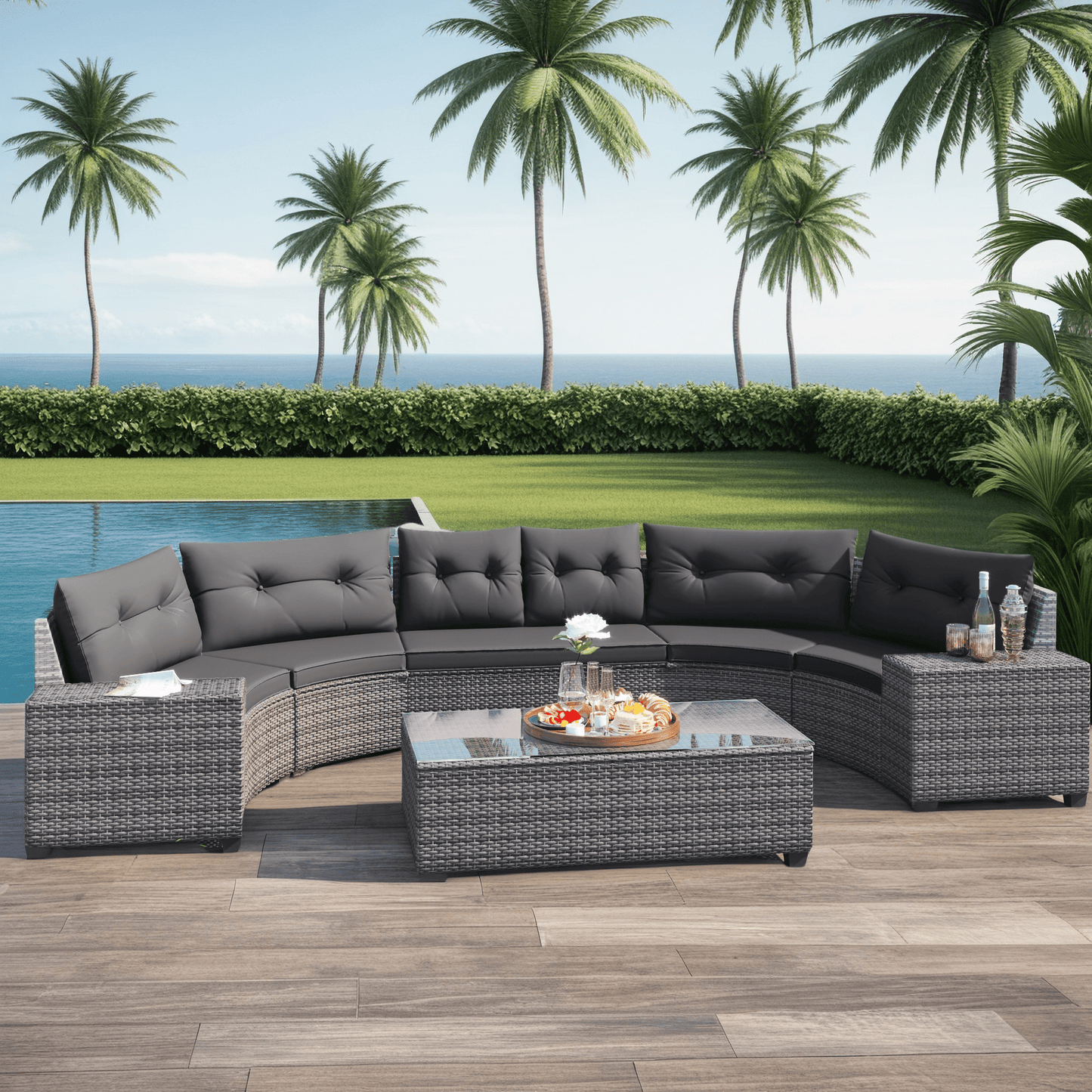 StyleSack 8-Piece Half Moon Curved Round Outdoor Sectional Sofa Patio Furniture Set with Glass Coffee Table