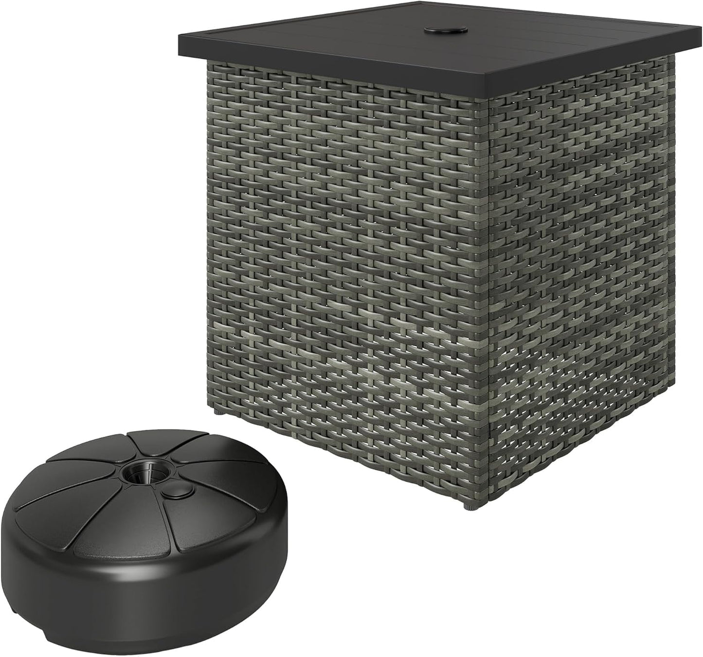 ZOPan All Weather Wicker Side Table with 1.5" Umbrella Hole, Square PE Rattan Outdoor End Table with Umbrella Base, UV-Resistant Frame, Storage Space for Patio, Garden, Poolside, Deck, Mixed-Gray