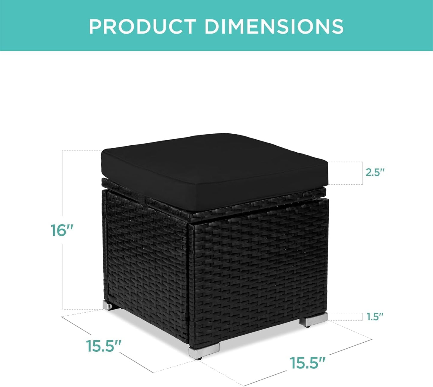 SUPQ Set of 2 Wicker Ottomans, Multipurpose Outdoor Furniture for Patio, Backyard, Additional Seating, Footrest, Side Table w/Storage, Removable Cushions - Black/Black