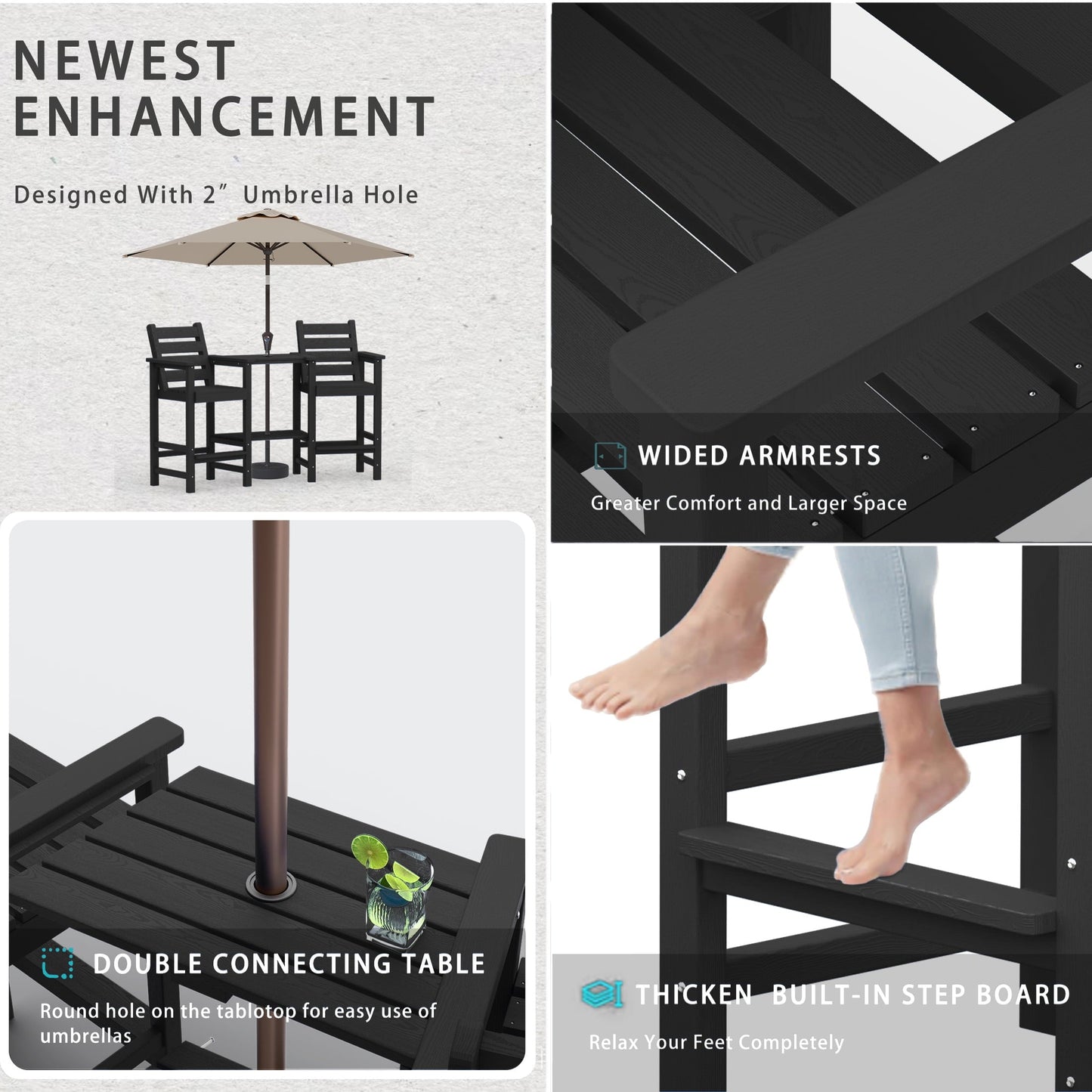 AreShark HDPE Tall Adirondack Chair Set with Removable Double Trays (Set of 2) Black