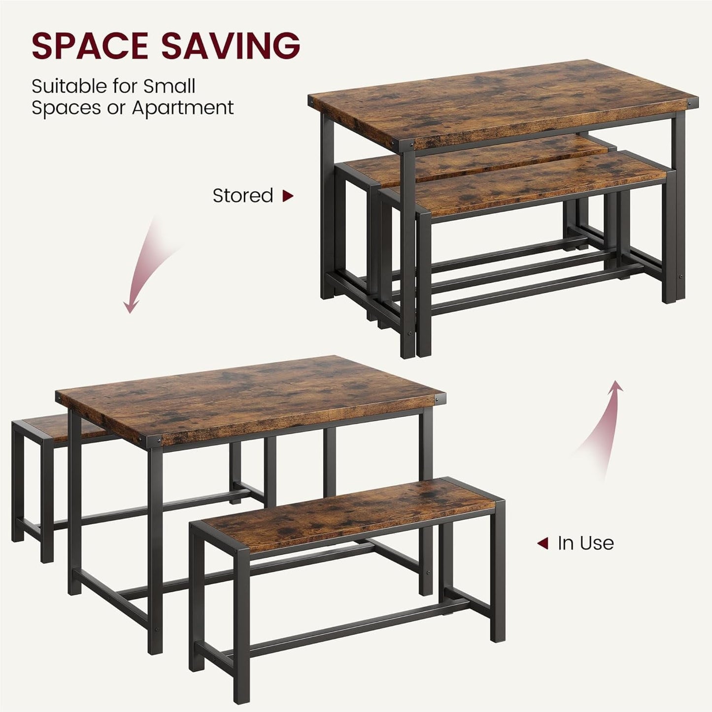 3 Piece Dining Table Set for 4 with Space-Saving Benches, Tabletop, Steel Frame, Modern Farmhouse Kitchen Table for Small Spaces Rustic Brown