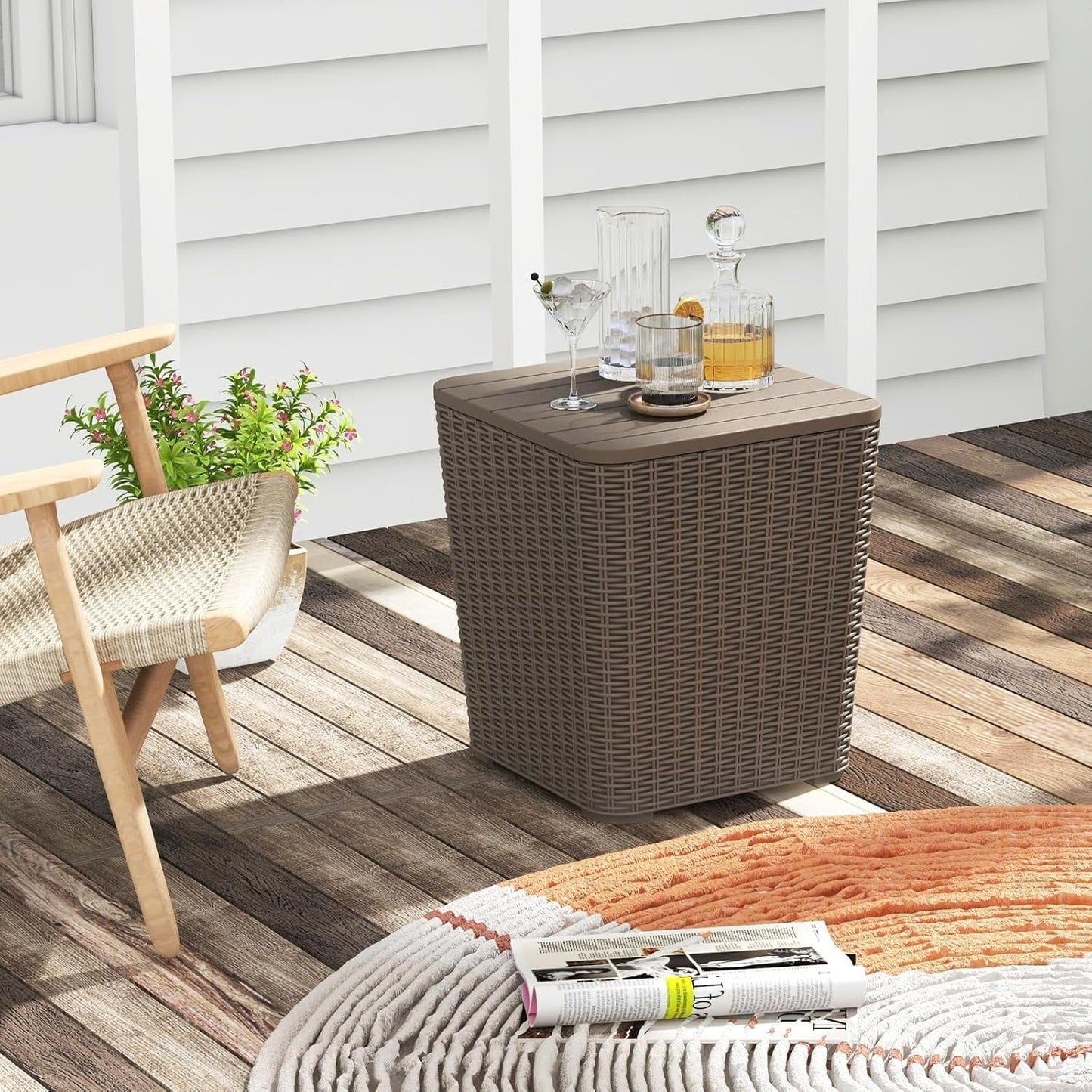 zzppy 11.5 Gallon Deck Box, Outdoor Side Table with Removable Lid, Faux Wicker-Woven, 330Lbs Capacity, Outside Waterproof Storage Box, Resin Rattan Small Coffee Table for Patio Poolside (Brown)