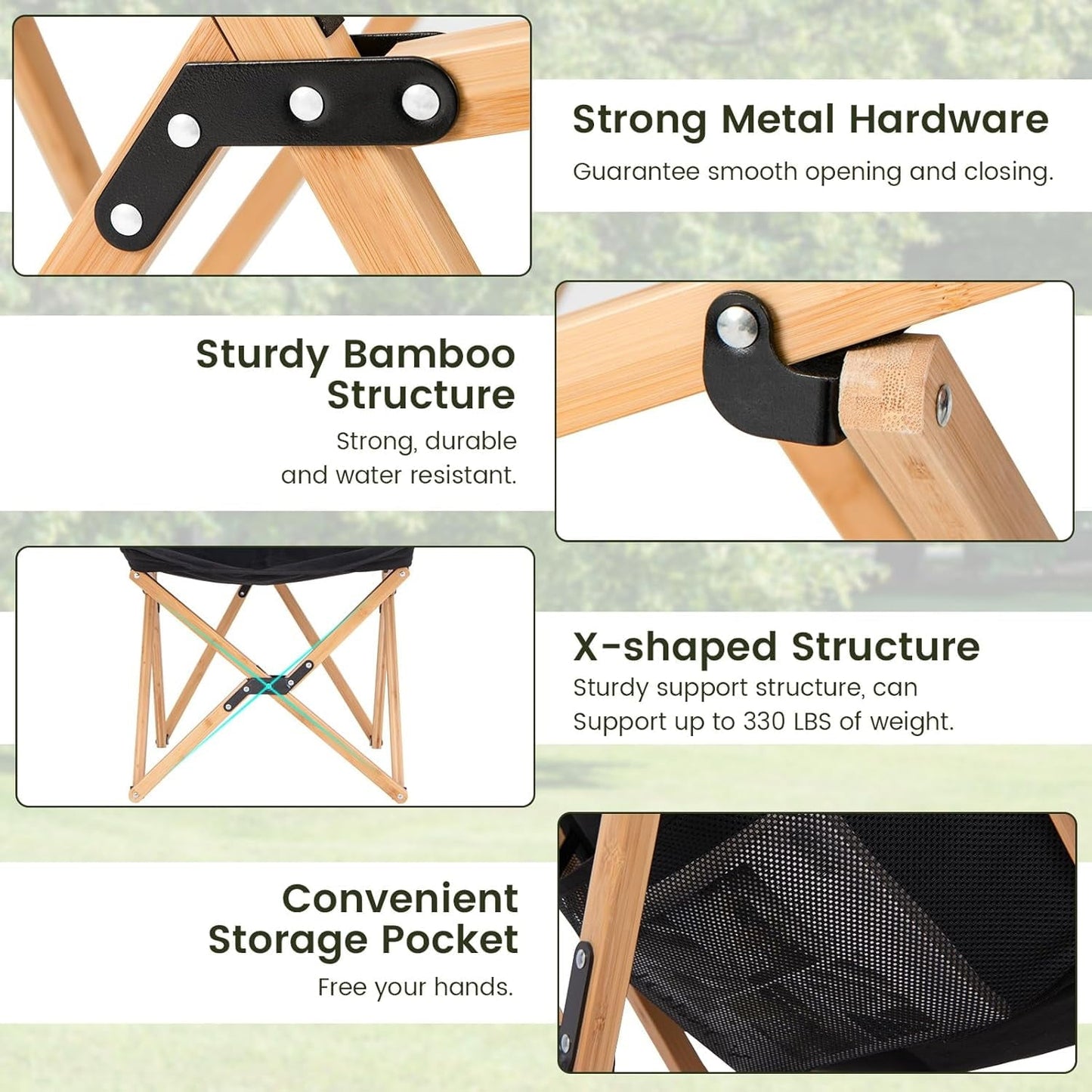 ZOPan Camping Chairs 2 Pack, Folding Beach Chairs for 330lbs, Outdoor Butterfly Chair, Portable Lawn Chairs for Picnic Fishing Hiking Mountaineering, Lightweight Bamboo Frame No Assembly (Black)