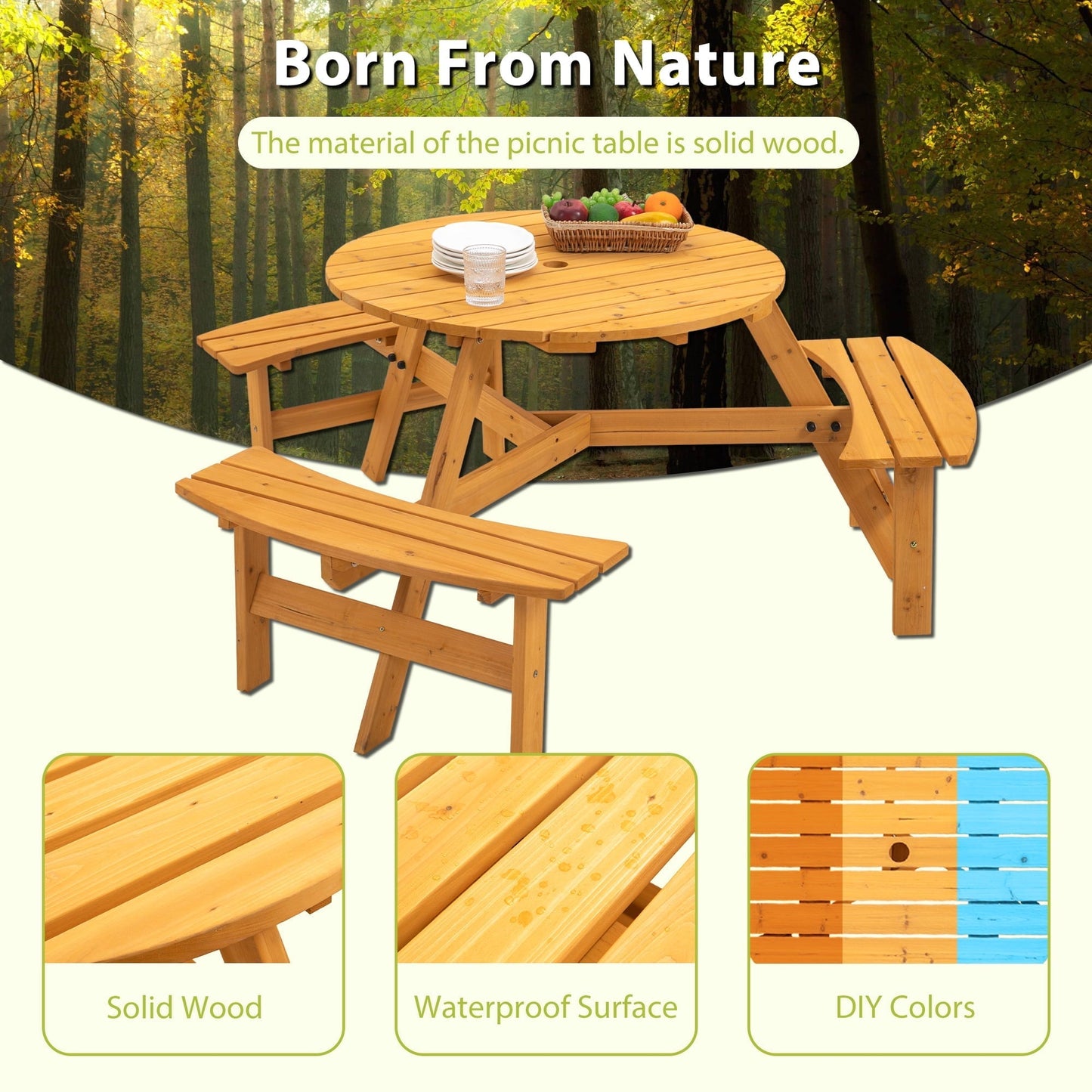 6-Person Outdoor Circular Wooden Picnic Table with 3 Built-in Benches for Patio Backyard Garden(Natural)