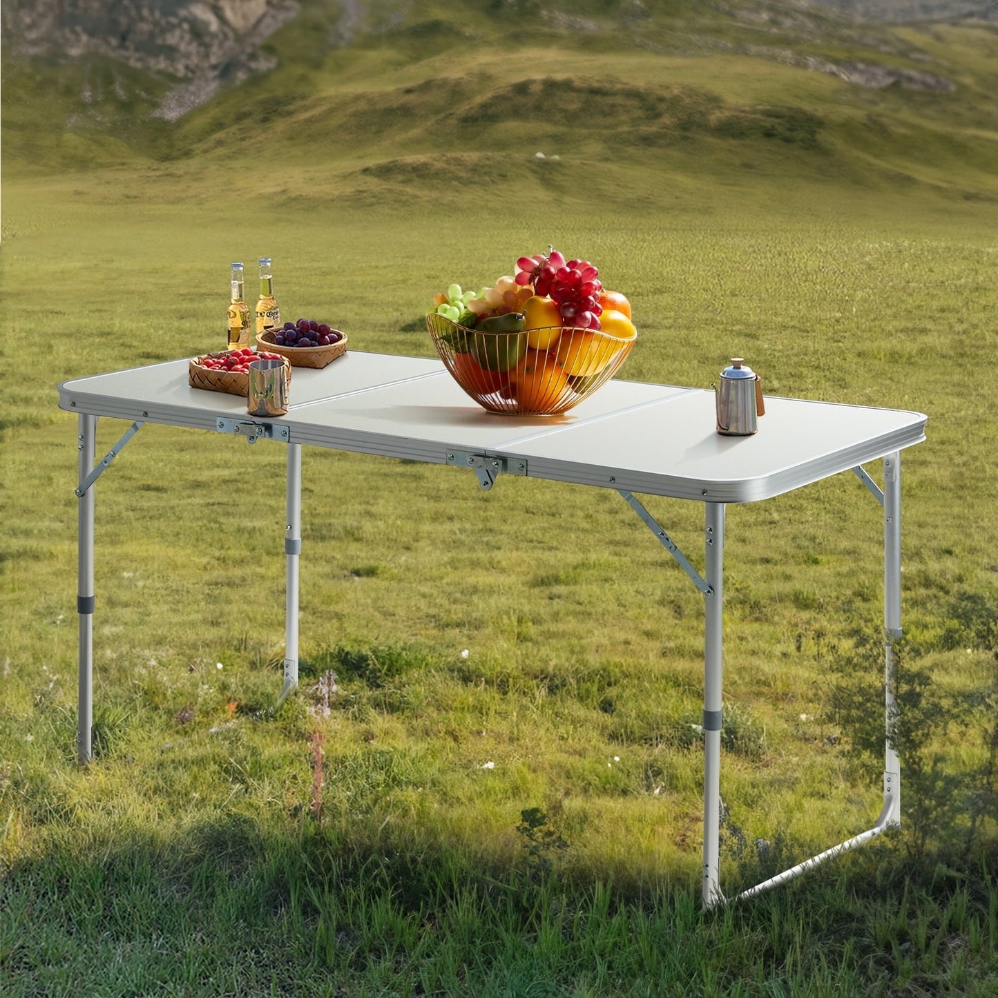 4ft Camping Folding Table, Portable Picnic Table with Adjustable Height, 3 Fold Lightweight Outdoor Aluminum Table for Indoor Travel Beach and Party