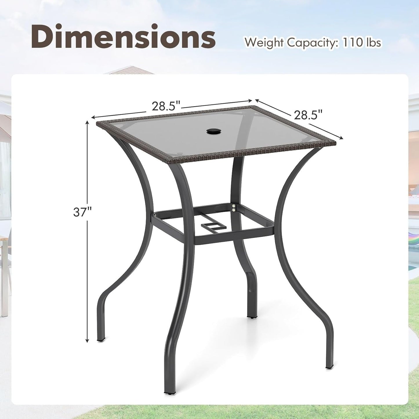 ZOPan 37” Height Bistro Table with Umbrella Hole, Tempered Glass Top & Wicker Covered Edge, Counter Height Square Outdoor Bar Table for Garden, Patio, Poolside & Deck