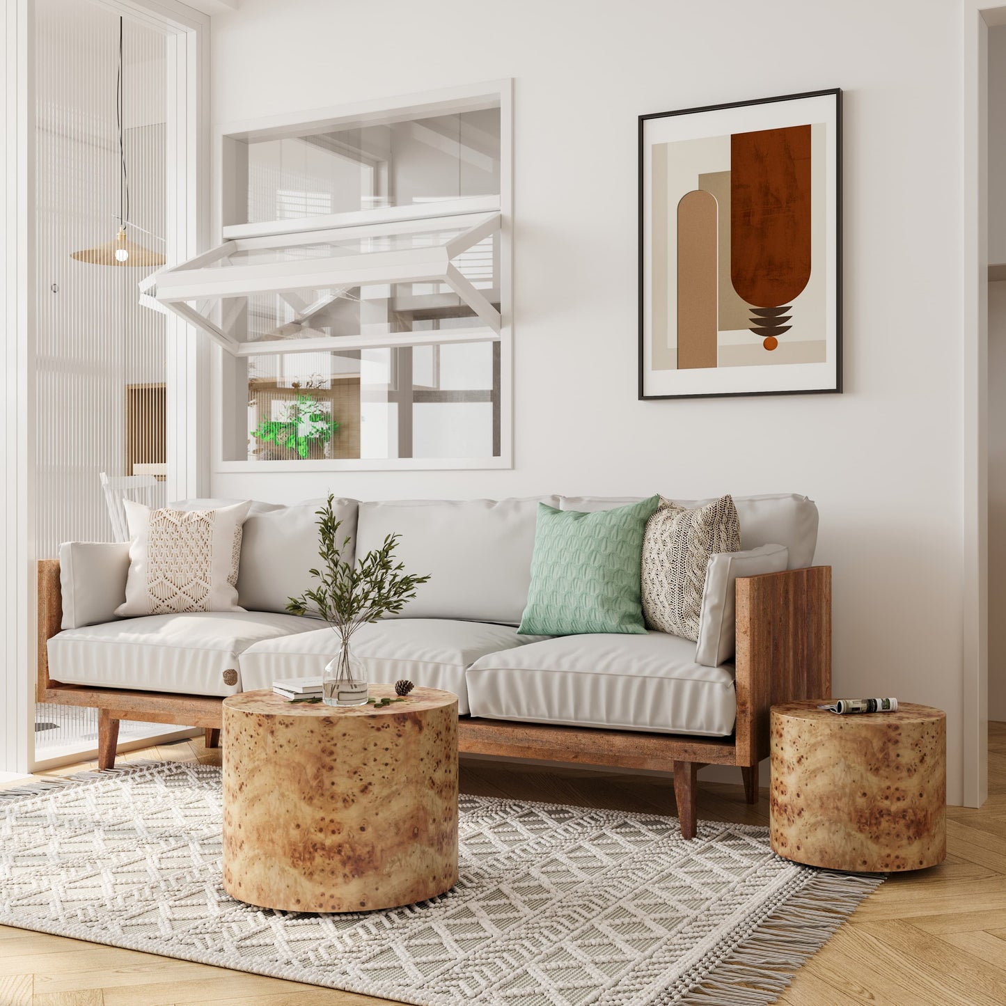 2-Piece Round Nesting Coffee Table Set - Modern Wood Drum Side Tables for Small Spaces, Living Room, Bedroom, Office - Natural Burl Finish