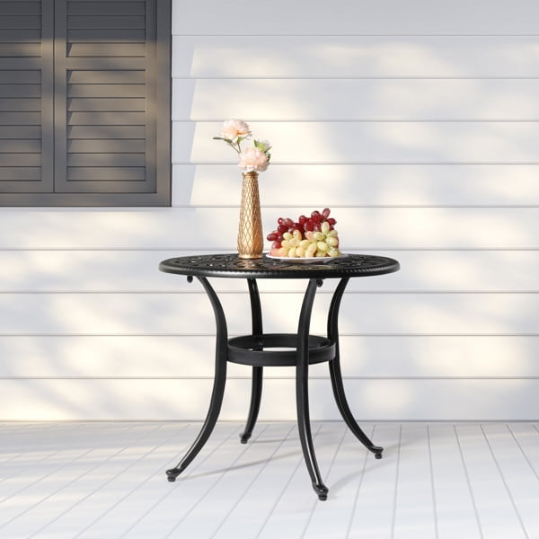 Black Cast Aluminum Outdoor Round Table with Phoenix Cutout, 23.6" Dia, 2" Umbrella Hole & Adjustable Feet for Patio Garden