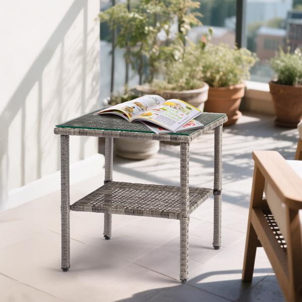 Square Double Layer Glass Top Side Table, Gray Gradient Rattan, Steel Frame, Outdoor Patio Furniture