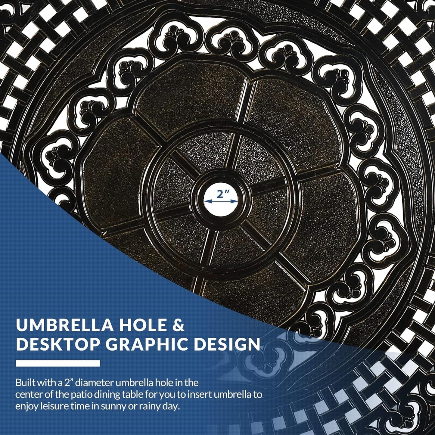 38.5 Inch Outdoor Dining Table Round Patio Table Bronze Cast Aluminum Rustic Large Table with Umbrella Hole