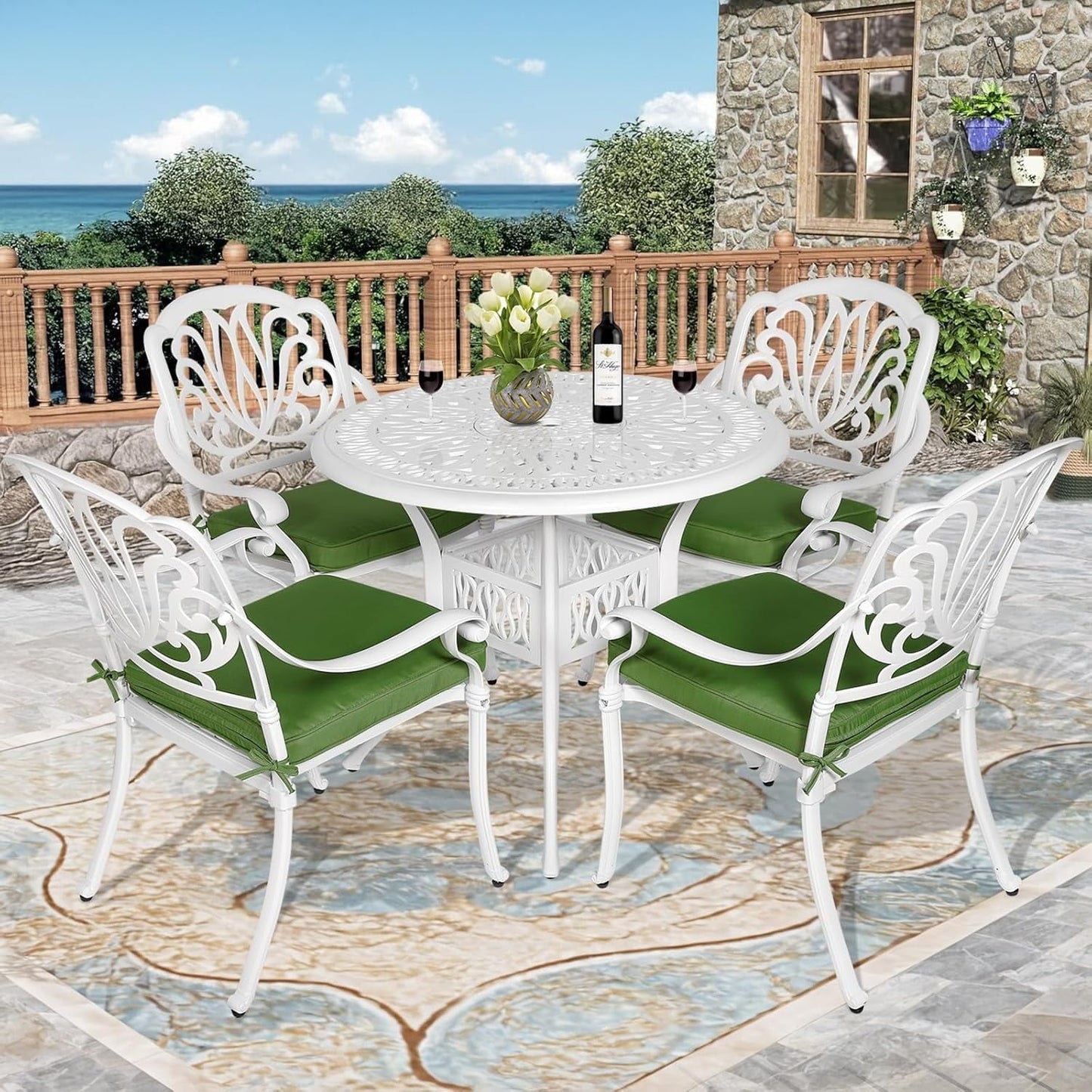 MEETWARM 35.4" Round Patio Dinning Table, Outdoor Cast Aluminum Dinning Table with 2" Umbrella Hole, White
